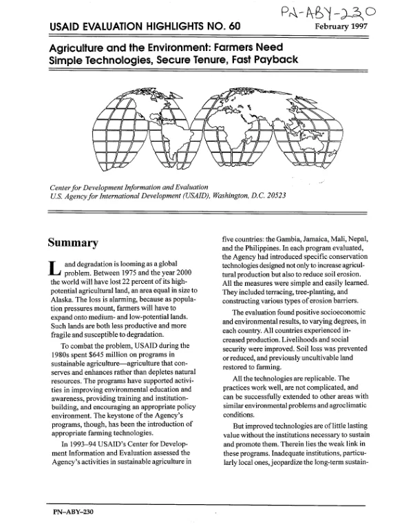Agriculture and the environment : farmers need simple technologies, secure tenure, fast payback