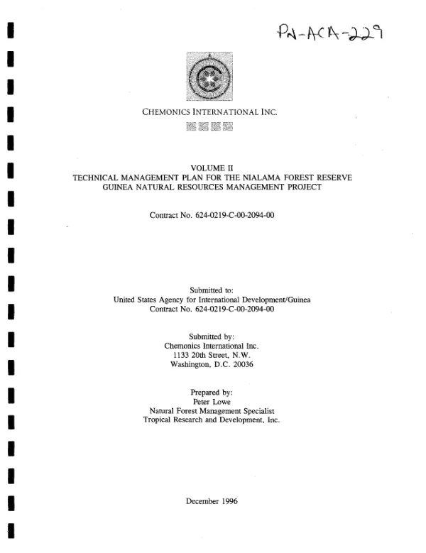 Volume II : technical management plan for the Nialama Forest Reserve -- Guinea natural resources management project