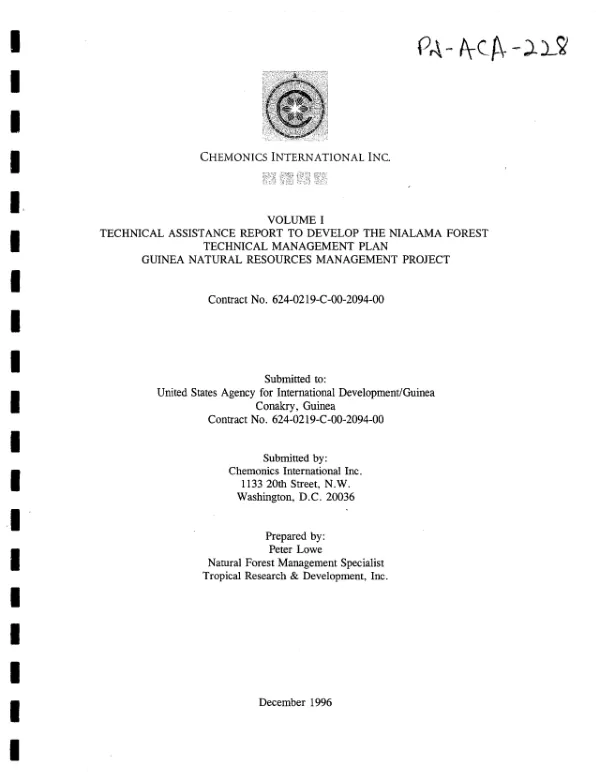 Volume I : technical assistance report to develop the Nialama Forest technical management plan -- Guinea natural resources management project