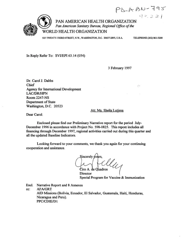 Preliminary narrative report : special program on vaccines and immunization, July 1996-December 1996