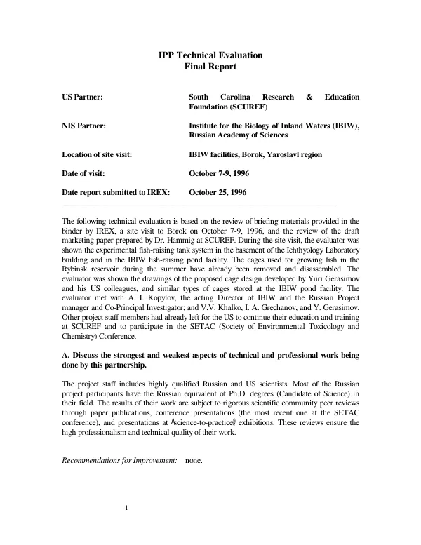 IPP [institutional partnership project] technical evaluation final report [of the partnership between South Carolina Research and Education Foundation (SCUREF) and the Institute for Biology of Inland Waters (IBIW), Russian Academy of Sciences]