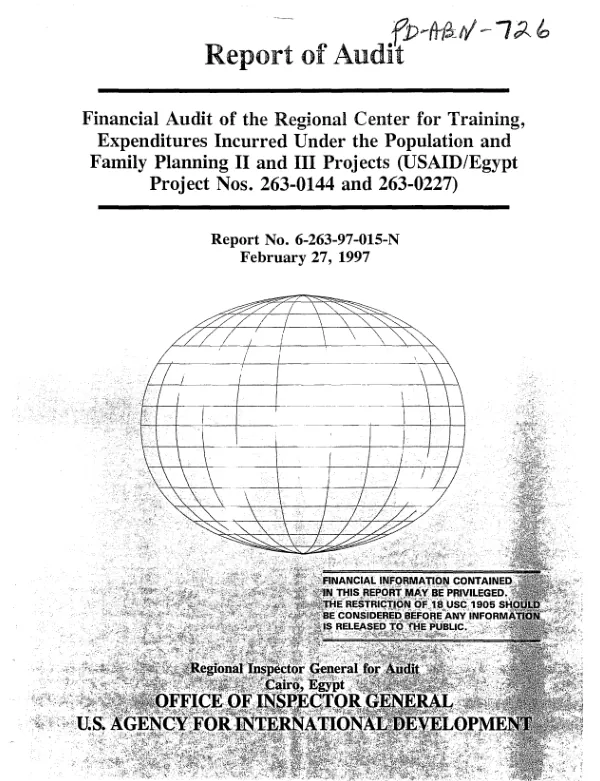 Financial audit of the Regional Center for Training, expenditures incurred under the population and family planning II and III projects (USAID/Egypt project nos. 263-0144 and 263-0227)