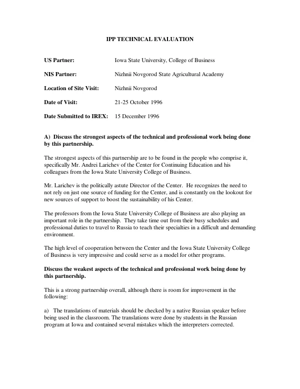 IPP [institutional partnership project] technical evaluation [report of the partnership between Iowa State University, College of Business and Nizhnii Novgorod State Agricultural Academy]