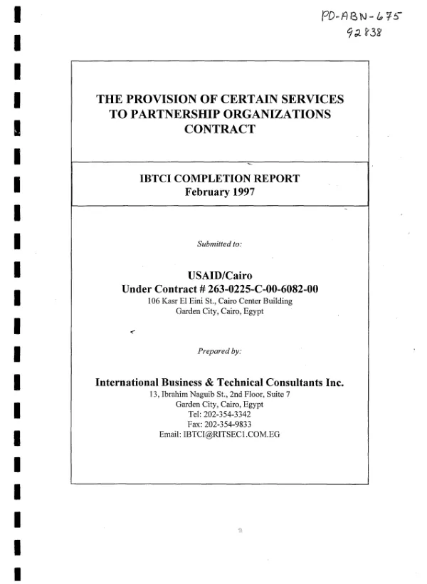 Provision of certain services to partnership organizations contract : IBTCI [International Business & Technical Consultants Inc.] completion report