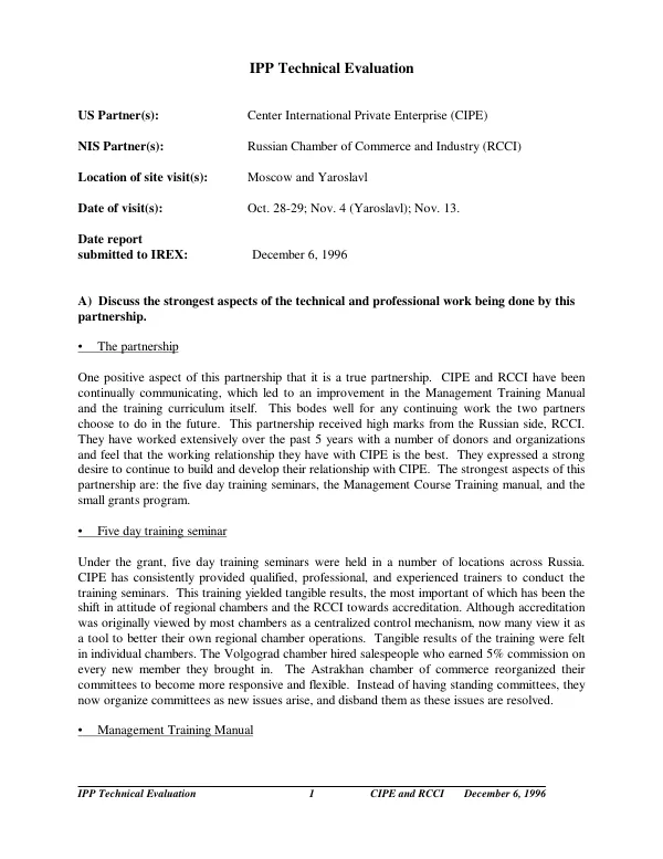 IPP [institutional partnership project] technical evaluation [report of the partnership between the Center for Private Enterprise (CIPE) and the Russian Chamber of Commerce and Industry (RCCI)]