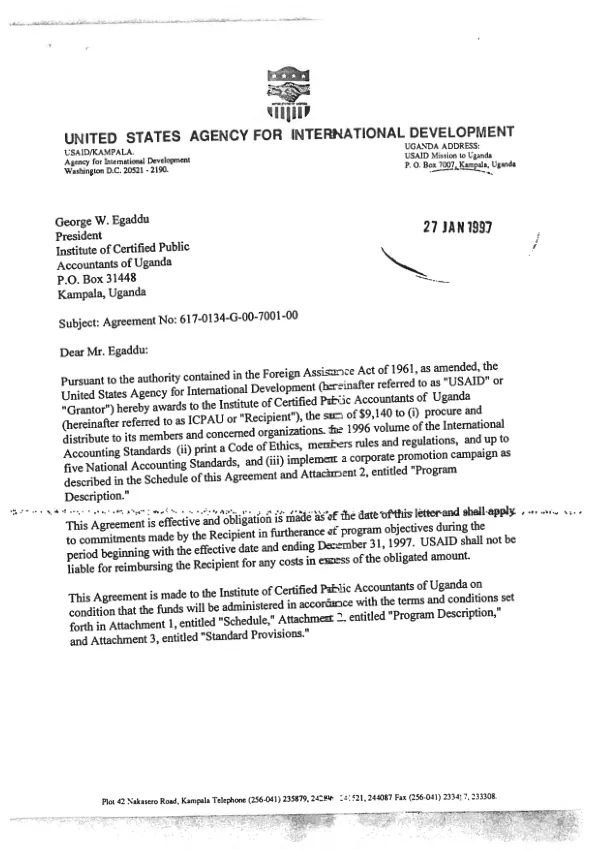Private enterprise support, training and organizational development (PRESTO) project (617-0134) grant to the Institute of Certified Public Accountants of Uganda (ICPAU)