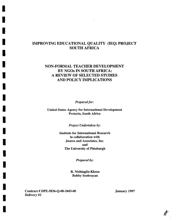 Improving educational quality (IEQ) project South Africa : non-formal teacher development by NGOs in South Africa -- a review of selected studies and policy implications