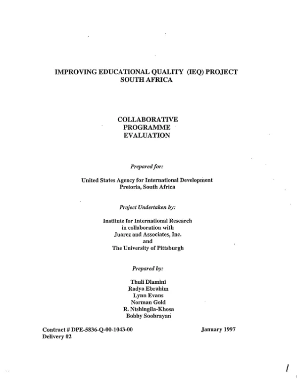 Improving educational quality (IEQ) project : South Africa -- collaborative programme evaluation