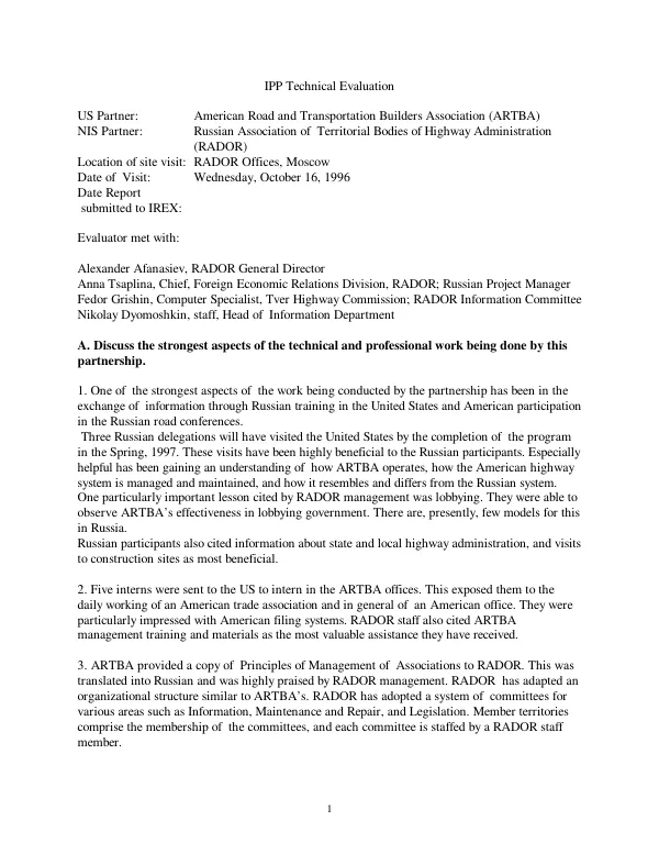 IPP [institutional partnership project] technical evaluation [report of the partnership between the American Road and Transport Builders Association (ARTBA) and the Russian Association of Territorial Bodies of Highway Administration (RADOR)]