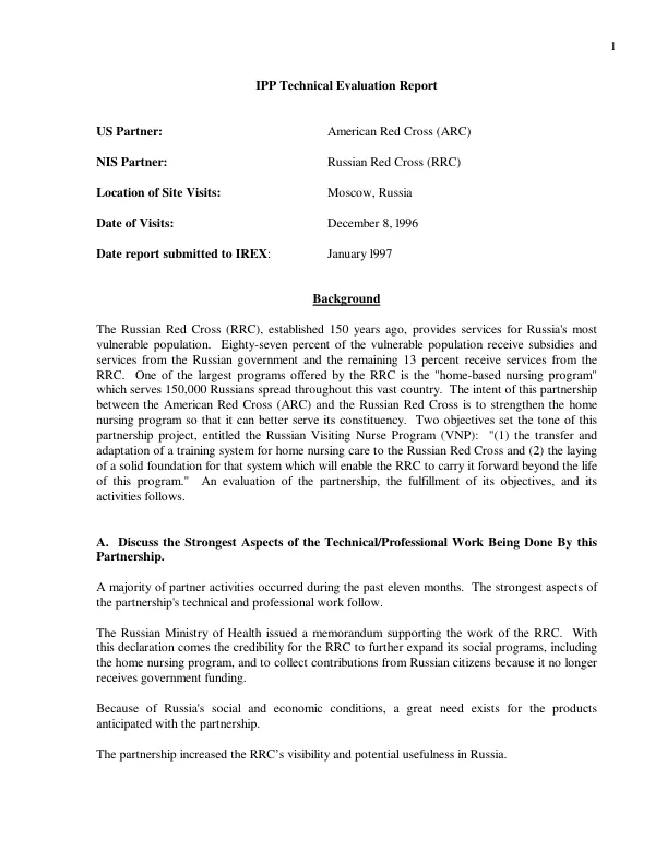 IPP [institutional partnership project] technical evaluation report [of the partnership between the American Red Cross and the Russian Red Cross]