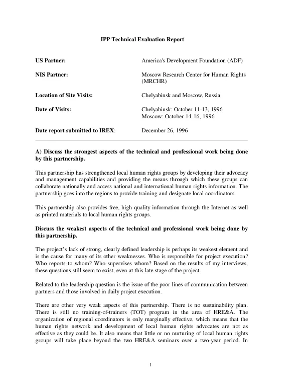 IPP [institutional partnership project] technical evaluation report [of the partnership between America's Development Foundation (ADF) and Moscow Research Center for Human Rights (MRCHR)]