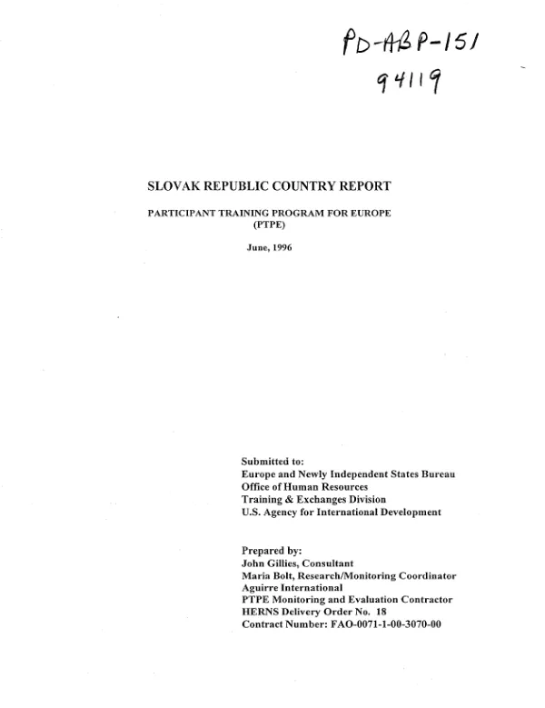 Slovak Republic country report : participant training project for Europe (PTPE)