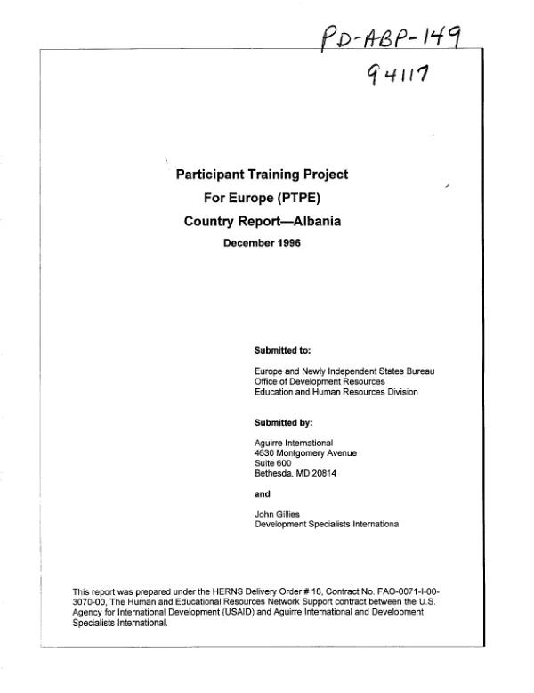 Participant training project for Europe (PTPE) : country report -- Albania