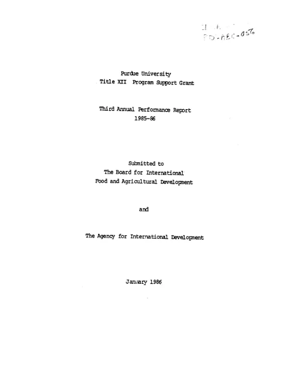 Purdue University Title XII program support grant : third annual performance report, 1985-86