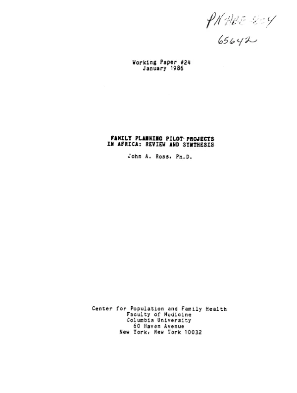 Family planning pilot projects in Africa : review and synthesis
