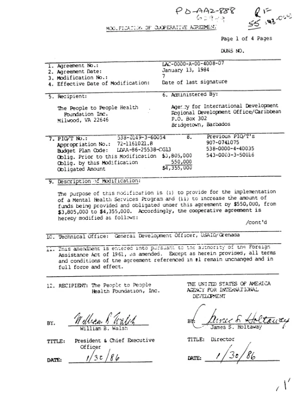 AID modification no. 7 of cooperative agreement to the People to People Health Foundation no. 7, Inc. for a mental health services program