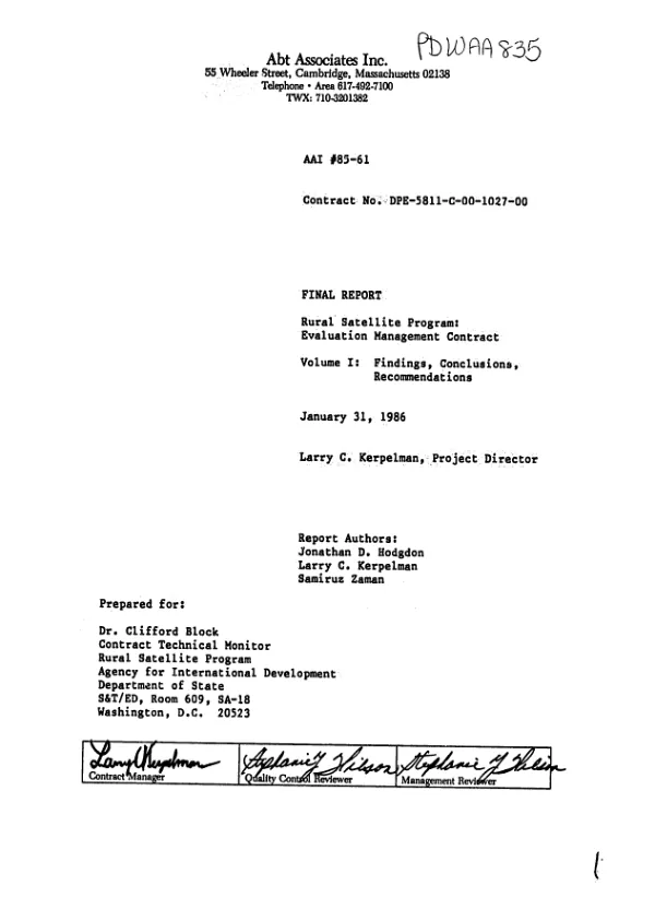 Final report : rural satellite program: evaluation management contract - volume I: findings, conclusions, recommendations