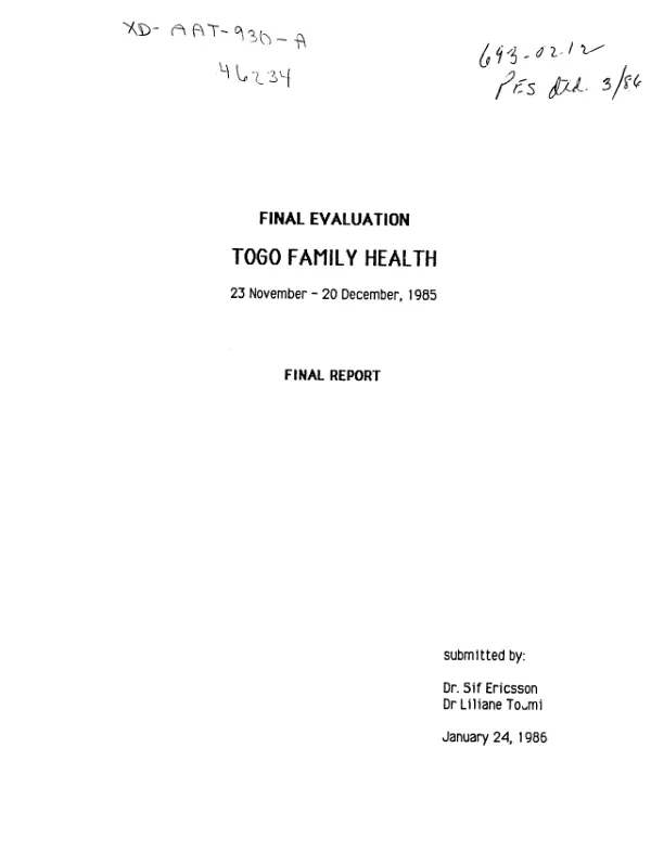 Final evaluation : Togo family health, 23 November - 20 December, 1985; final report