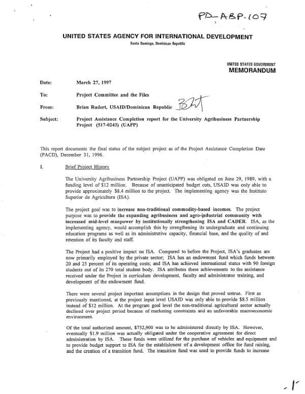 Project assistance completion report for the university agribusiness partnership project (517-0243)(UAPP)