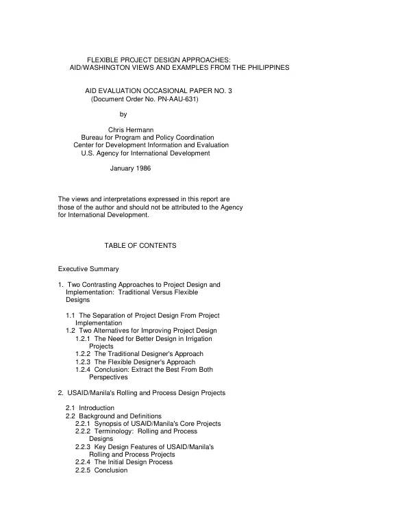 Flexible project design approaches : AID/Washington views and examples from the Philippines
