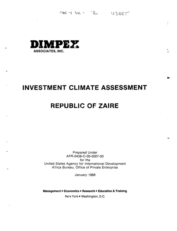 Investment climate assessment : Republic of Zaire