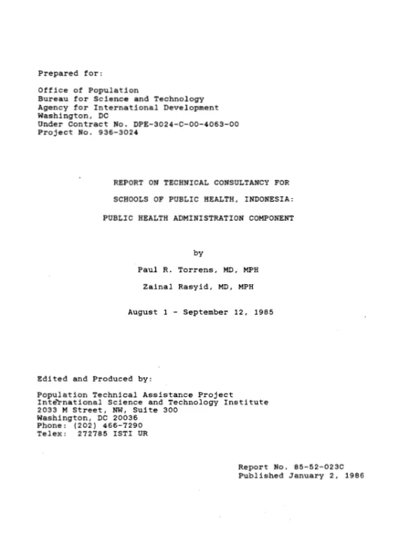 Report on technical consultancy for schools of public health, Indonesia : public health administration component