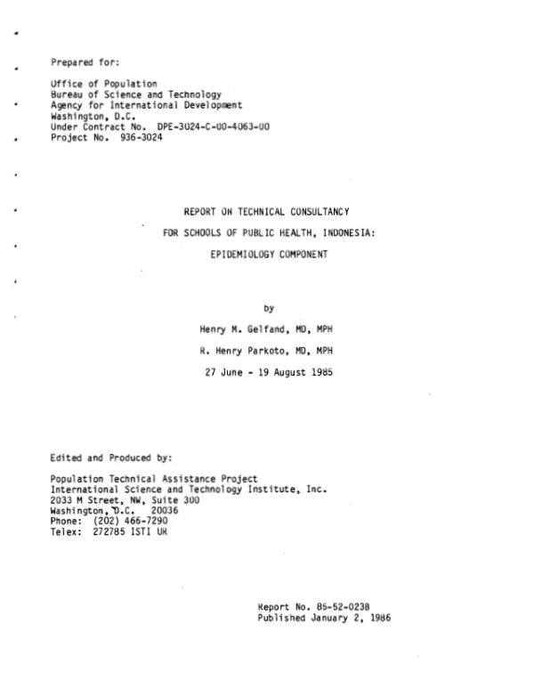 Report on technical consultancy for schools of public health, Indonesia : epidemiology component