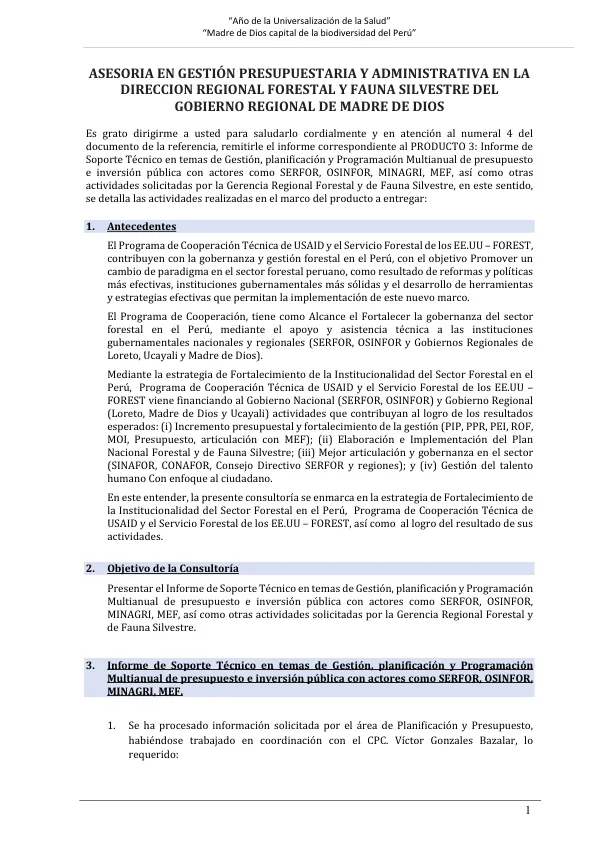 Asesoría en Gestión Presupuestaria y Administrativa en la Dirección Regional Forestal y Fauna Silvestre del Gobierno Regional de Madre de Dios