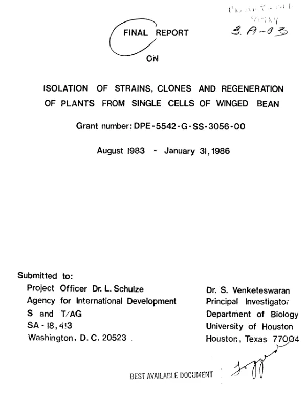 Final report on isolation of strains, clones and regeneration of plants from single cells of winged bean