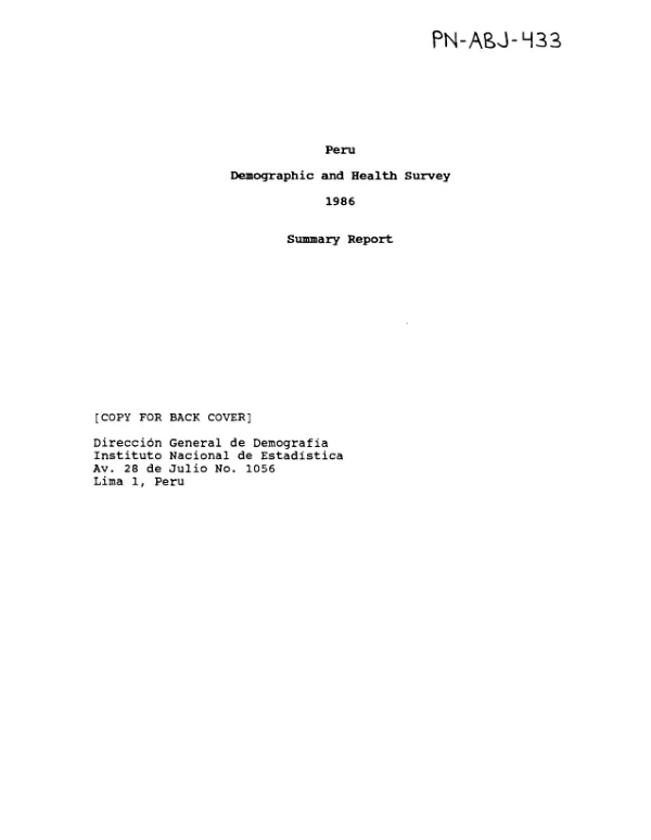 Peru demographic and health survey 1986 summary report