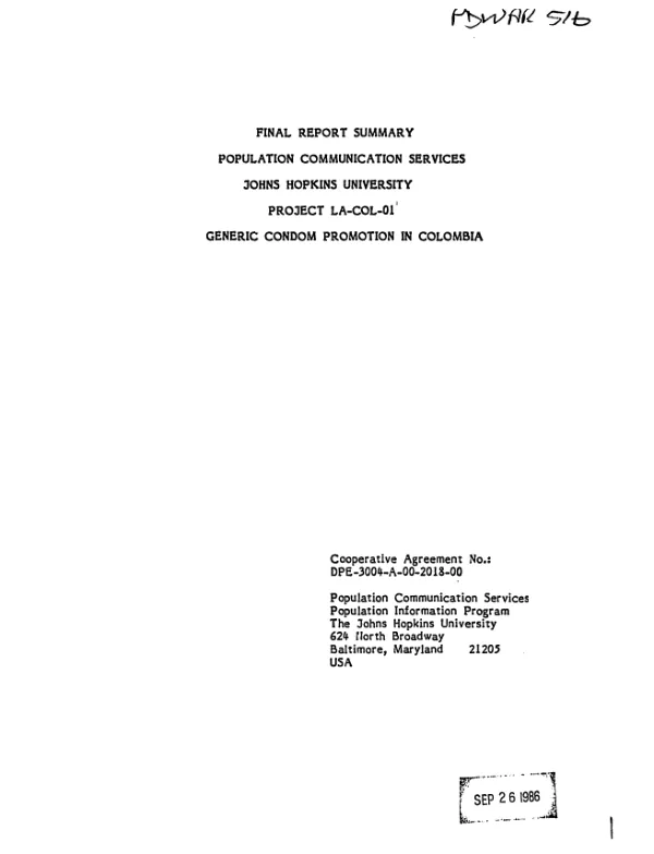Final report summary, Population Communication Services, Johns Hopkins University, project LA-COL-01, generic condom promotion in Colombia