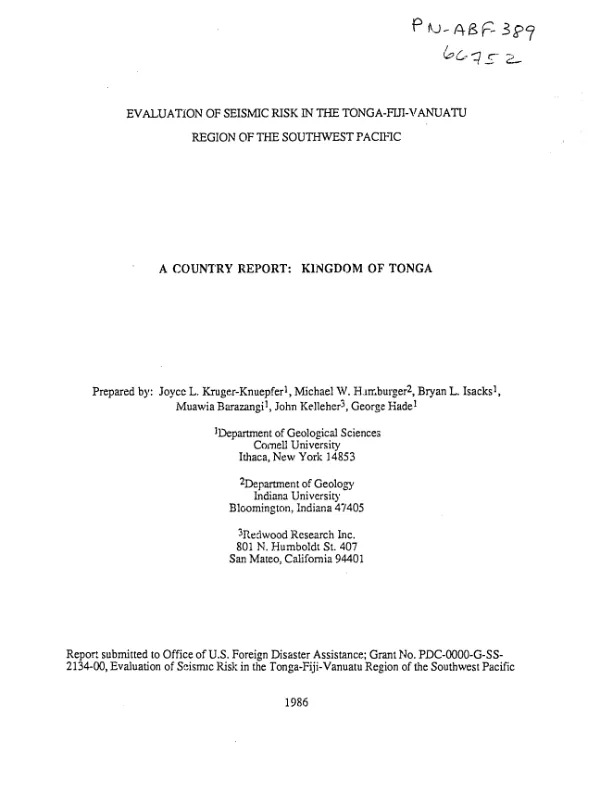 Evaluation of seismic risk in the Tonga-Fiji-Vanuatu region of the southwest Pacific -- a country report : Kingdom of Tonga