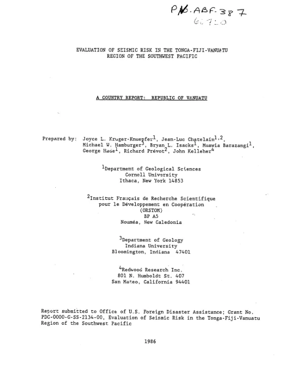 Evaluation of seismic risk in the Tonga-Fiji-Vanuatu region of the southwest Pacific -- a country report : Republic of Vanuatu