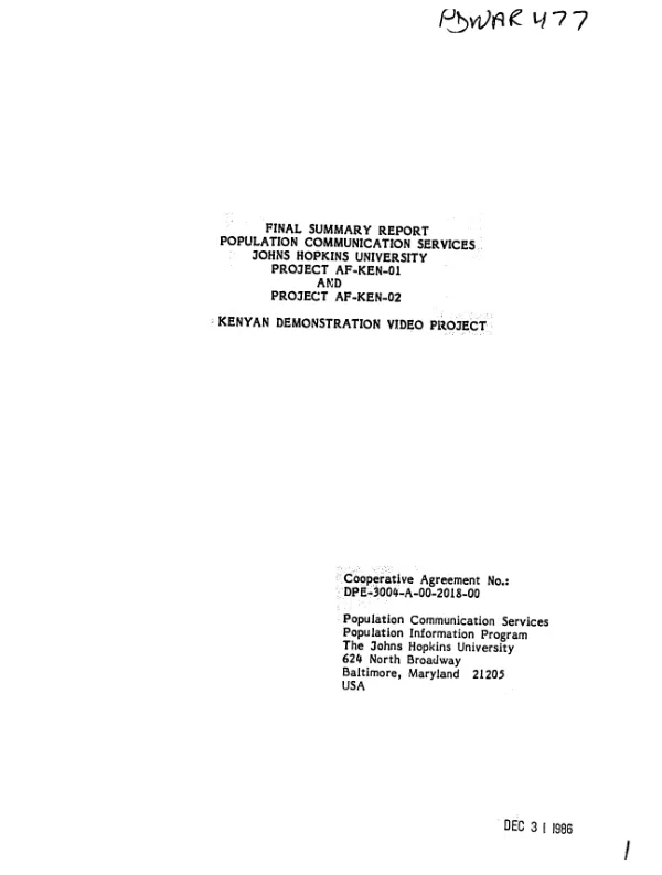 Final summary report -- Population Communication Services, Johns Hopkins University, project AF-KEN-01 and project AF-KEN-02 : Kenya demonstration video project