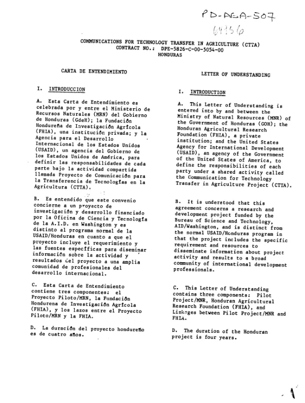 Communications for technology transfer in agriculture (CTTA) contract no. DPE-5826-C-00-5054-00, Honduras : letter of understanding