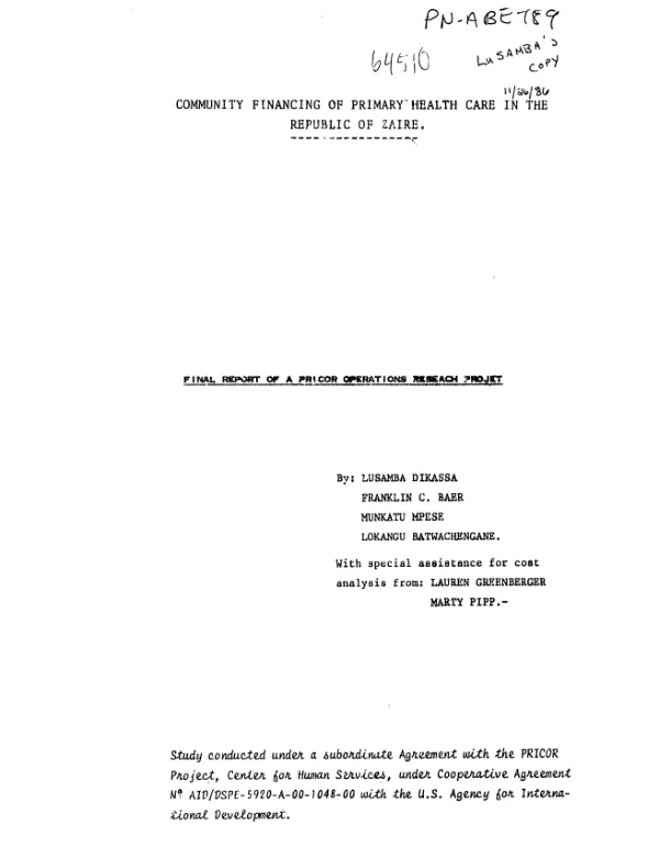 Community financing of primary health care in the Republic of Zaire : final report of a PRICOR operations research projet [i.e. project]