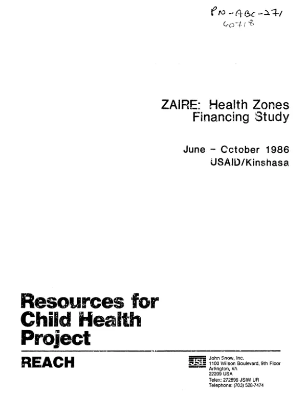 Zaire : health zones financing study