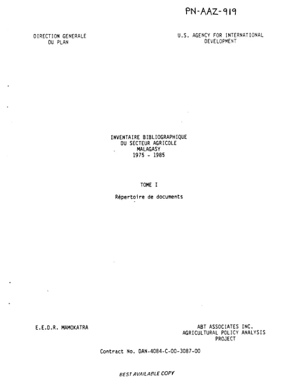 Inventaire bibliographique du secteur agricole Malagasy, 1975-1985