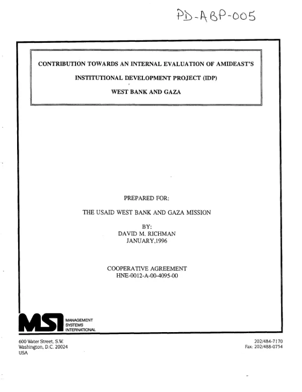 Contribution towards an internal evaluation of AMIDEAST's institutional development project (IDP) -- West Bank and Gaza