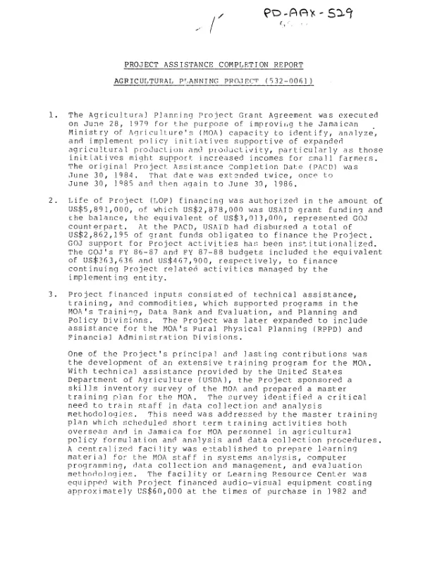 Project assistance completion report : agricultural planning project (532-0061)