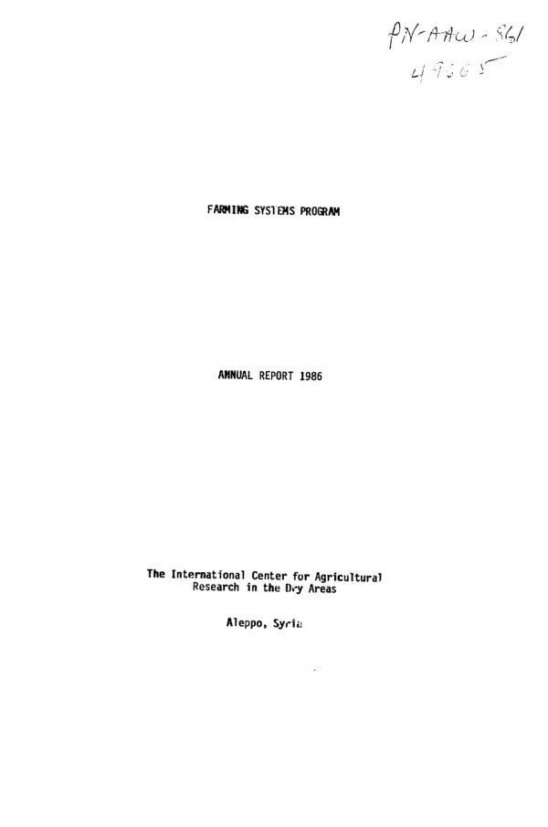 Farming systems program : annual report for 1986