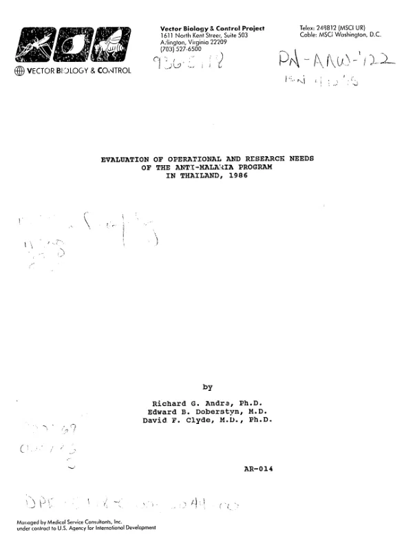 Evaluation of operational and research needs of the anti-malaria program in Thailand, 1986