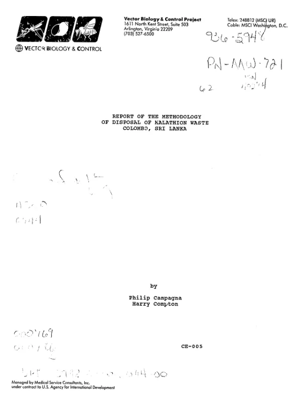 Report of the methodology of disposal of malathion waste - Colombo, Sri Lanka