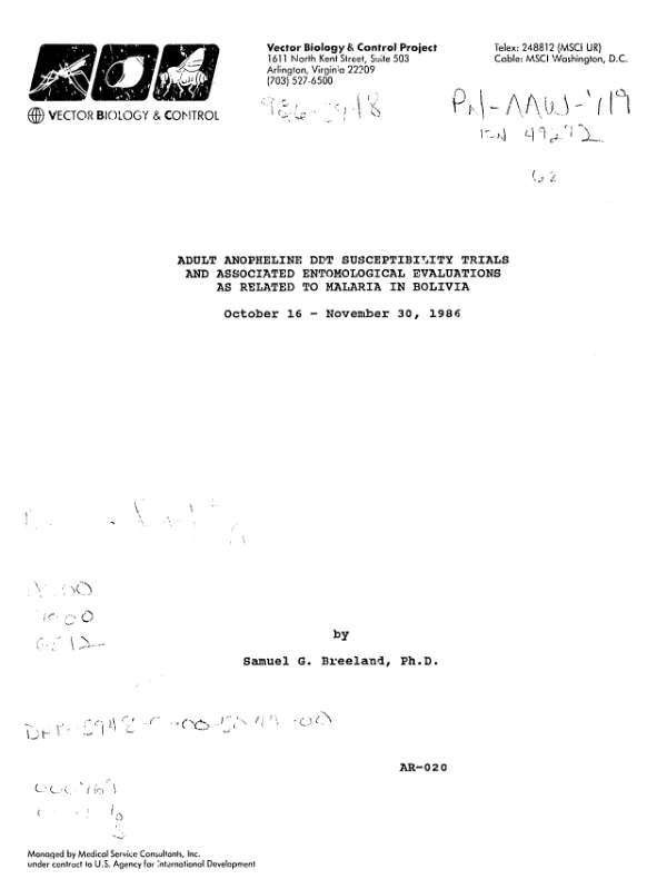 Adult anopheline DDT susceptibility trials and associated entomological evaluations as related to malaria in Bolivia : October 16-November 30, 1986