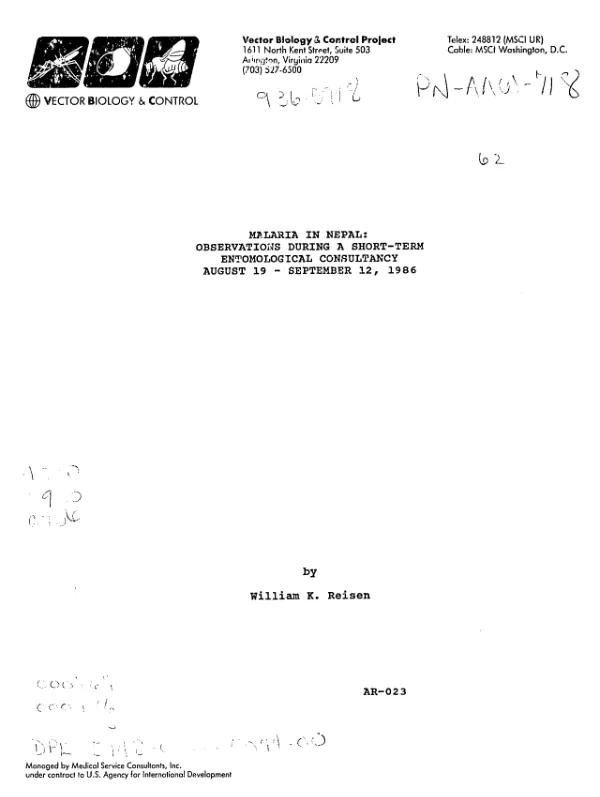 Malaria in Nepal : observations during a short-term entomological consultancy, August 19-September 12, 1986