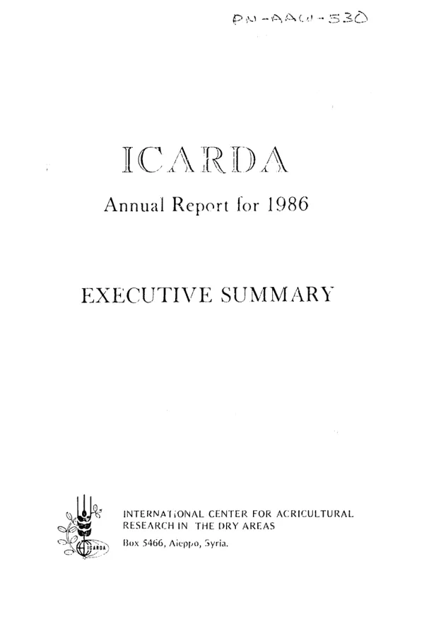 ICARDA annual report for 1986 : executive summary