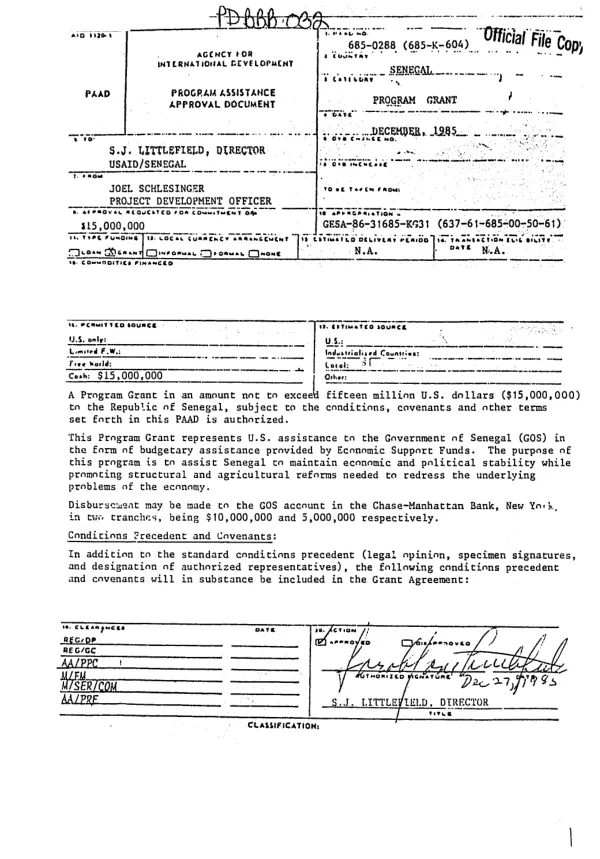 Senegal program assistance approval document economic support fund, 685-0288 (685-K-604)