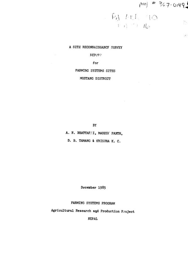 Site reconnaissance survey report for farming systems sites, Mustang District