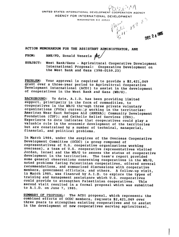 Action memorandum for the Assistant Administrator, ANE [West Bank/Gaza - agricultural cooperative development international proposal : cooperative development on the West Bank and Gaza]