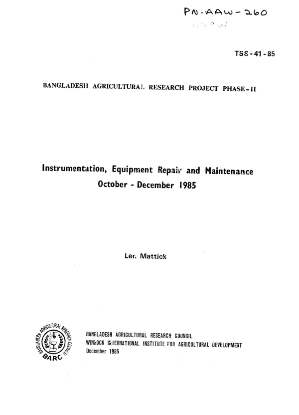 Instrumentation, equipment repair and maintenance, October-December 1985